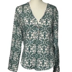 Under Skies Green Floral V Neck Blouse Women's Large